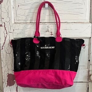 Victoria's Secret Black & Hot Pink Sequin Tote Exc condition Short handles Only